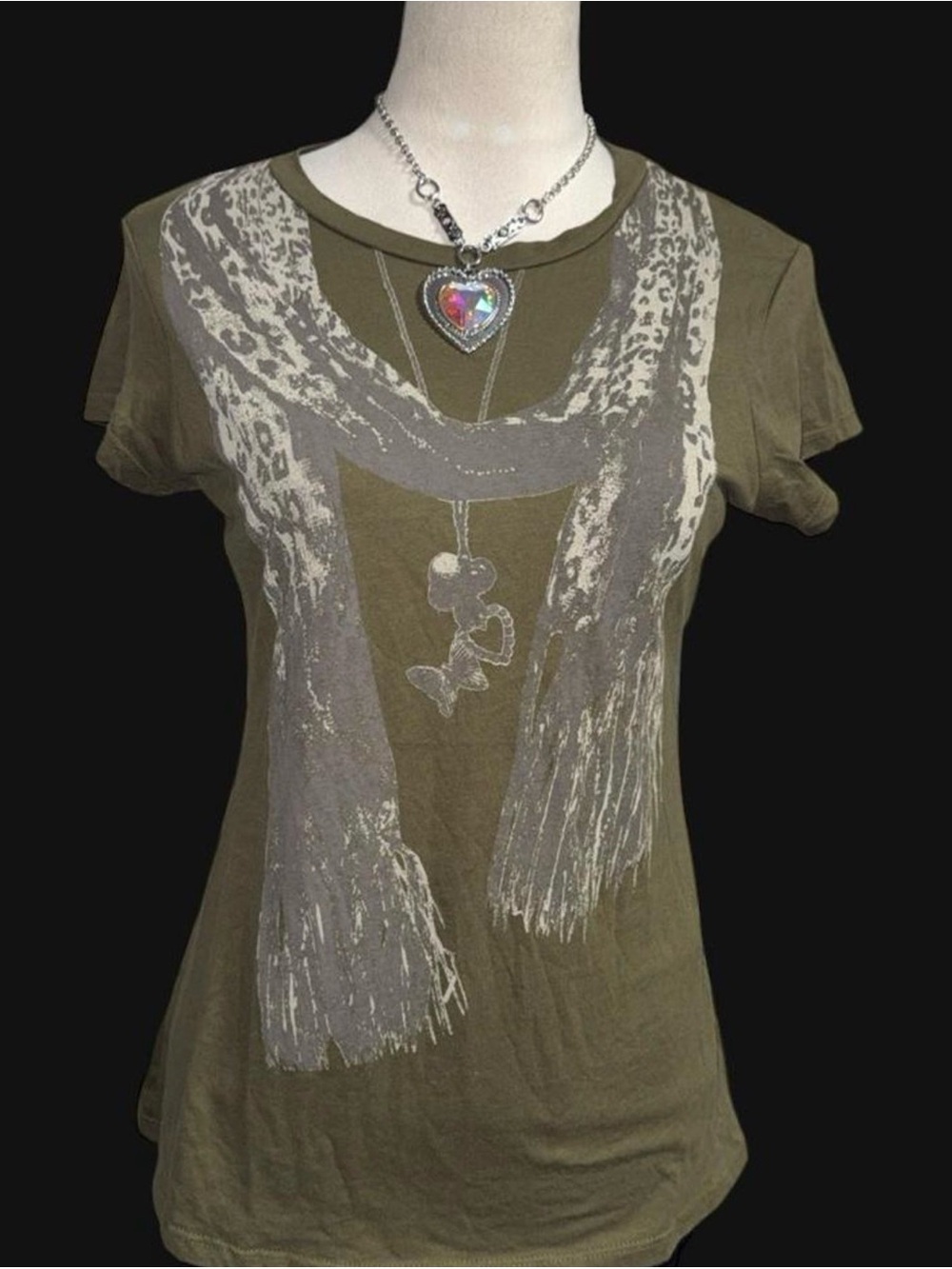 Self Esteem Olive Green Short-Sleeve Tee with Necklace Graphic Y2K